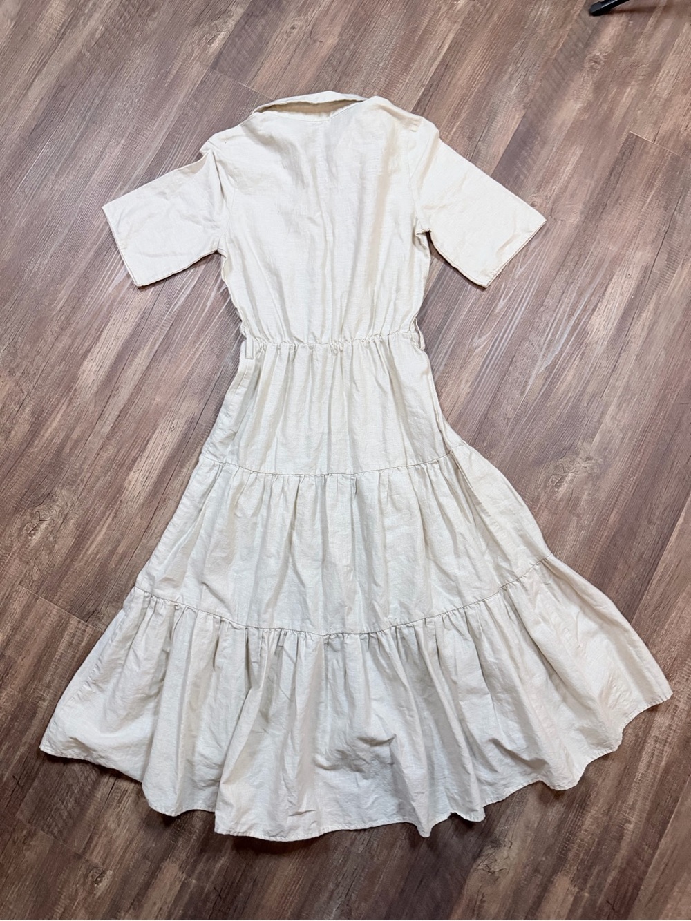 Zara Cream Linen Cotton Tiered Midi Shirt Dress | XS | Like New - Picture 7 of 9